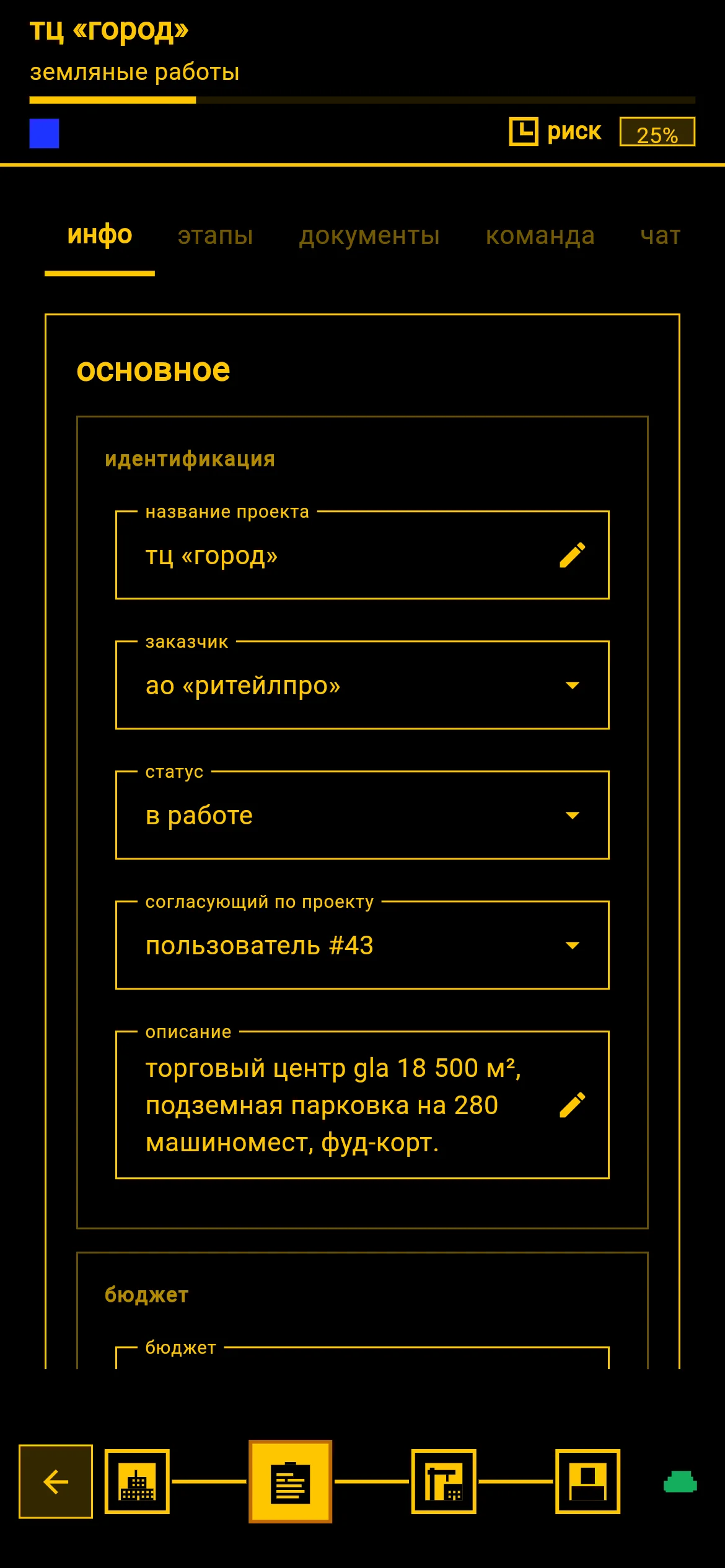 Карточка проекта на телефоне: статус, бюджет, заказчик